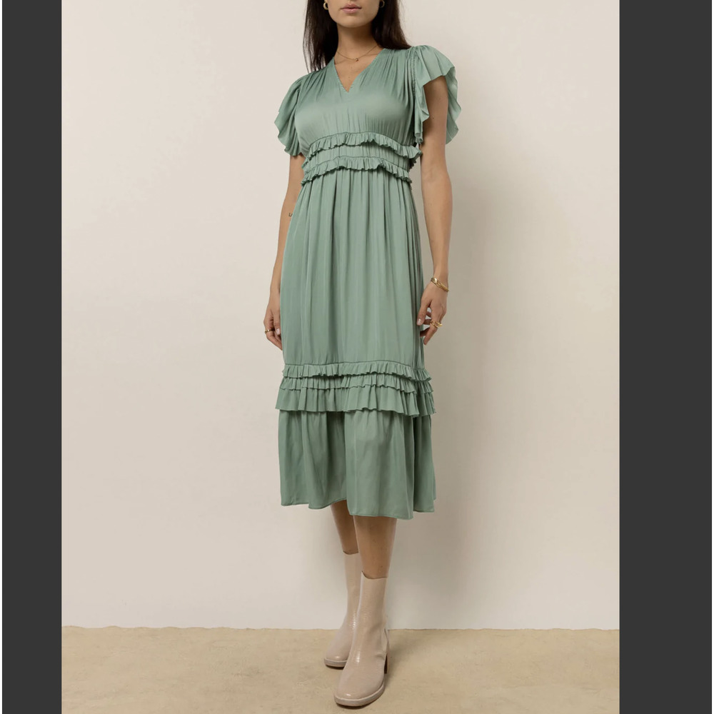bohme Sage Green Ruffle Midi Dress